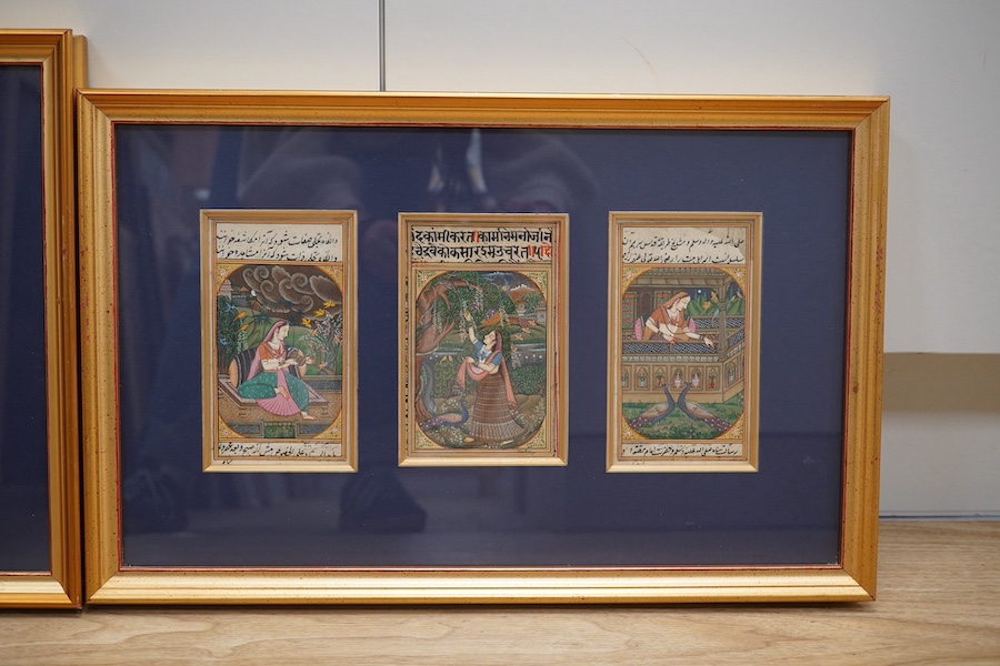 Jan Ray, set of six Indo-Persian gouaches, mounted and framed as two, Manuscripts with figures, each approximately 15 x 9cm. Condition - fair to good